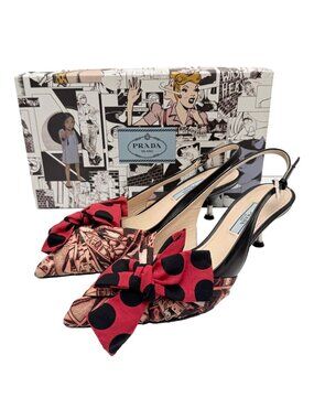 PRADA Comics + Vite Comic & Polka Dot Poplin Kitten Heels - IT 37 / US 7